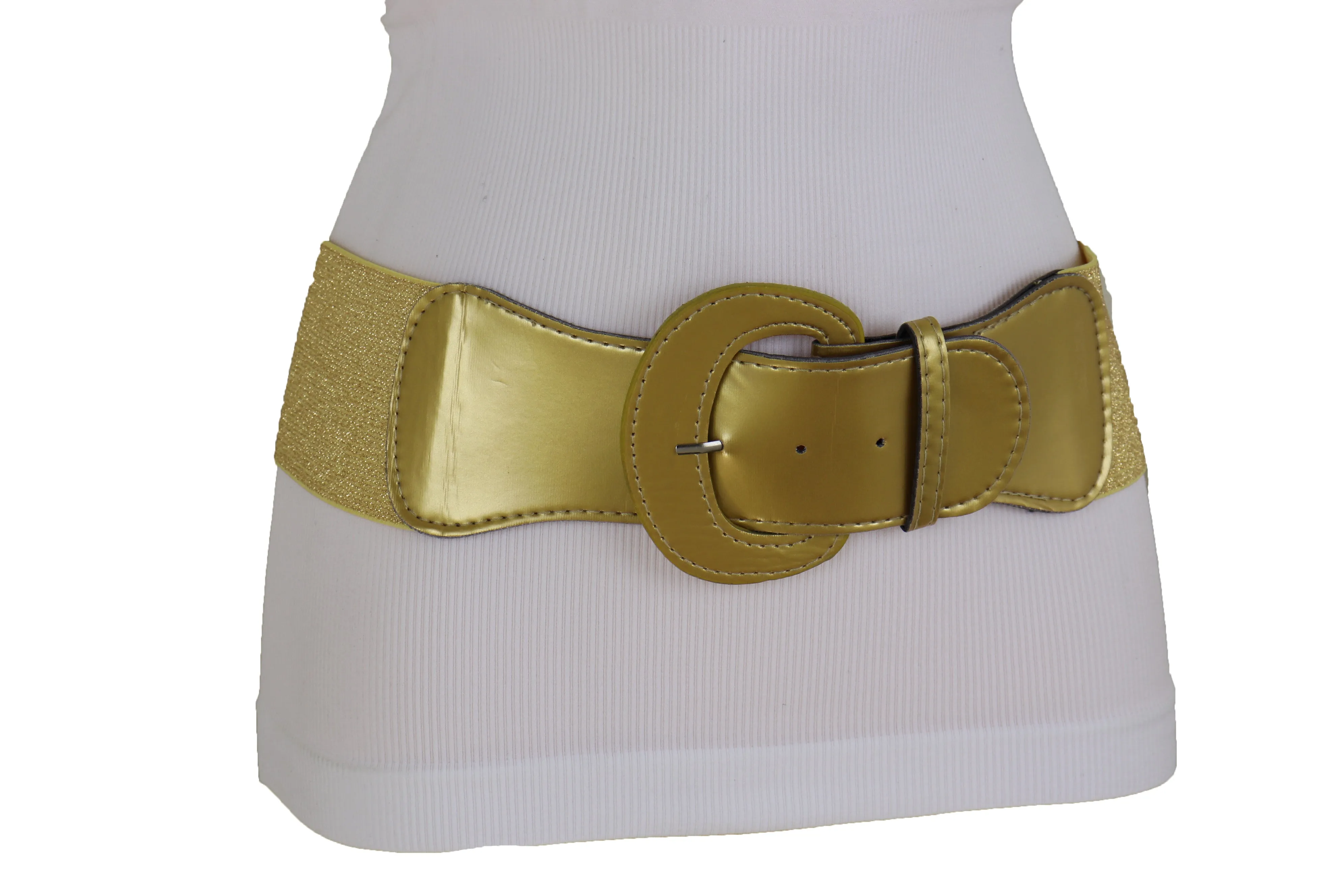 Women High Waist Hip Wide Elastic Gold Color Fashion Belt Big Buckle Day Night Easy Wear Size M L