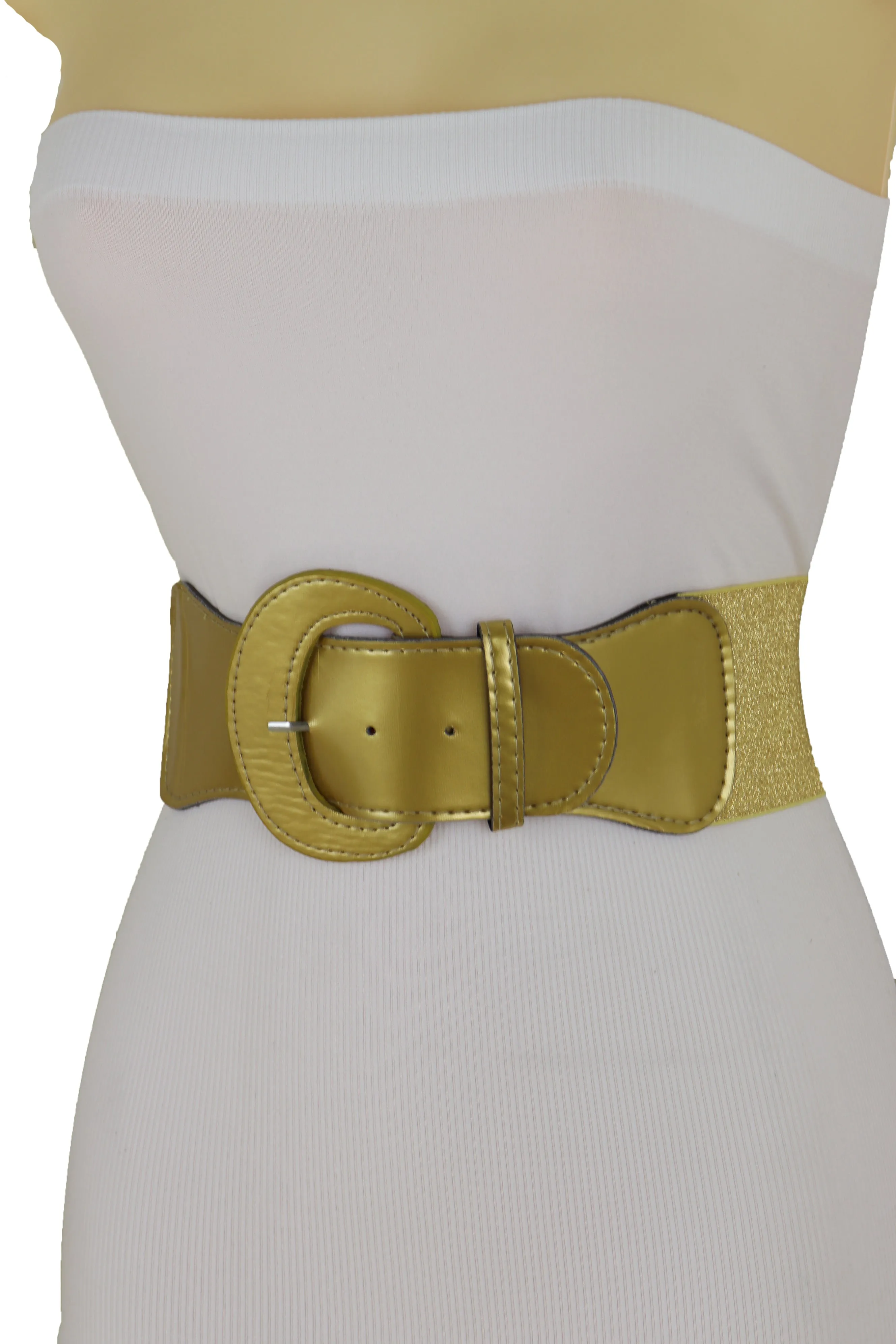 Women High Waist Hip Wide Elastic Gold Color Fashion Belt Big Buckle Day Night Easy Wear Size M L