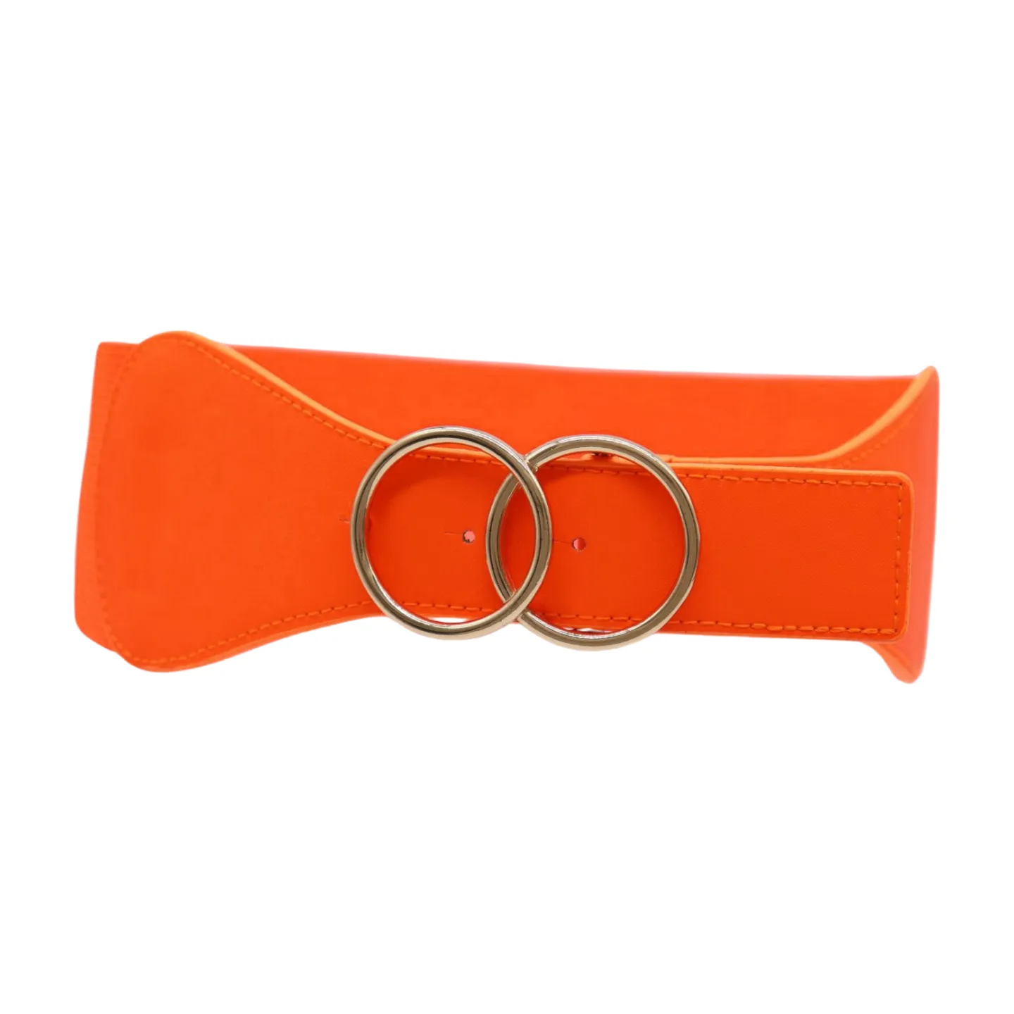Women Neon Orange Elastic Belt Gold Circle Buckle S M