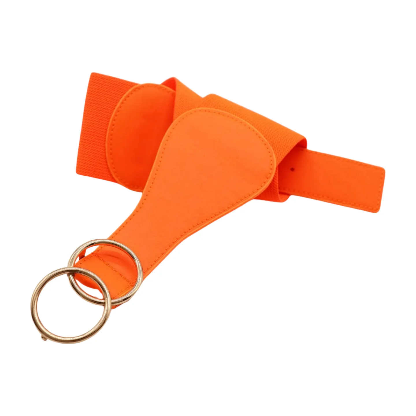Women Neon Orange Elastic Belt Gold Circle Buckle S M