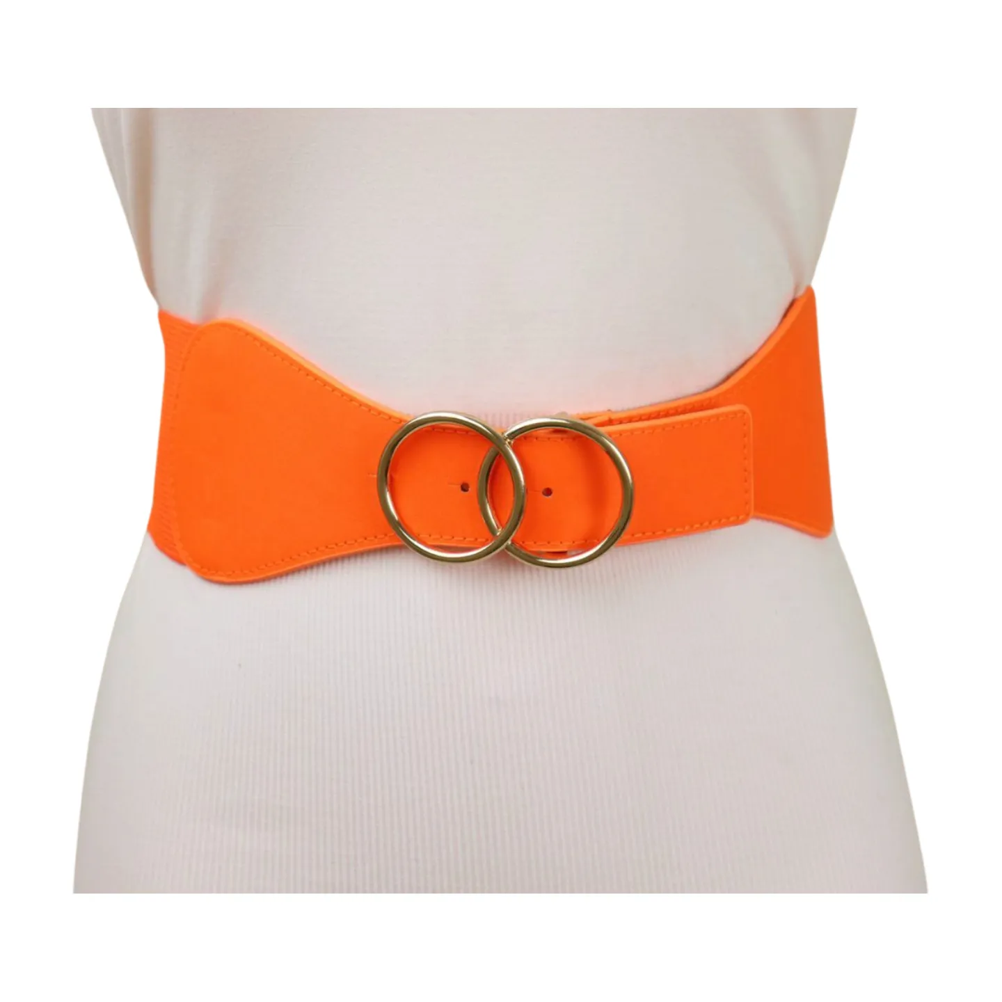 Women Neon Orange Elastic Belt Gold Circle Buckle S M