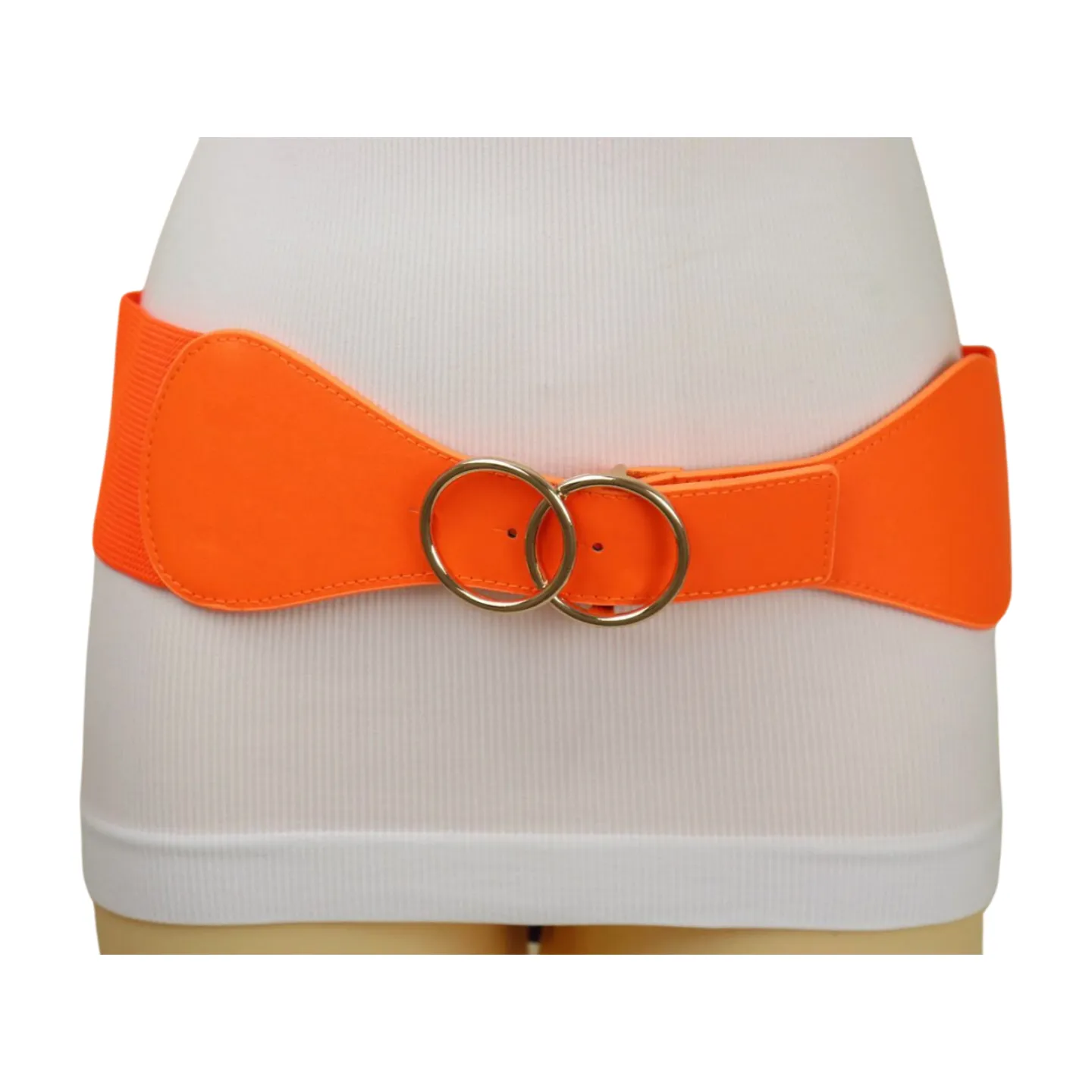 Women Neon Orange Elastic Belt Gold Circle Buckle S M