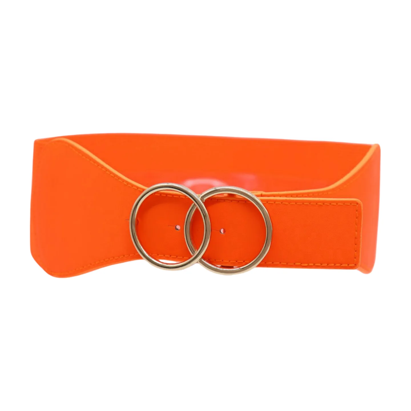 Women Neon Orange Elastic Belt Gold Circle Buckle S M