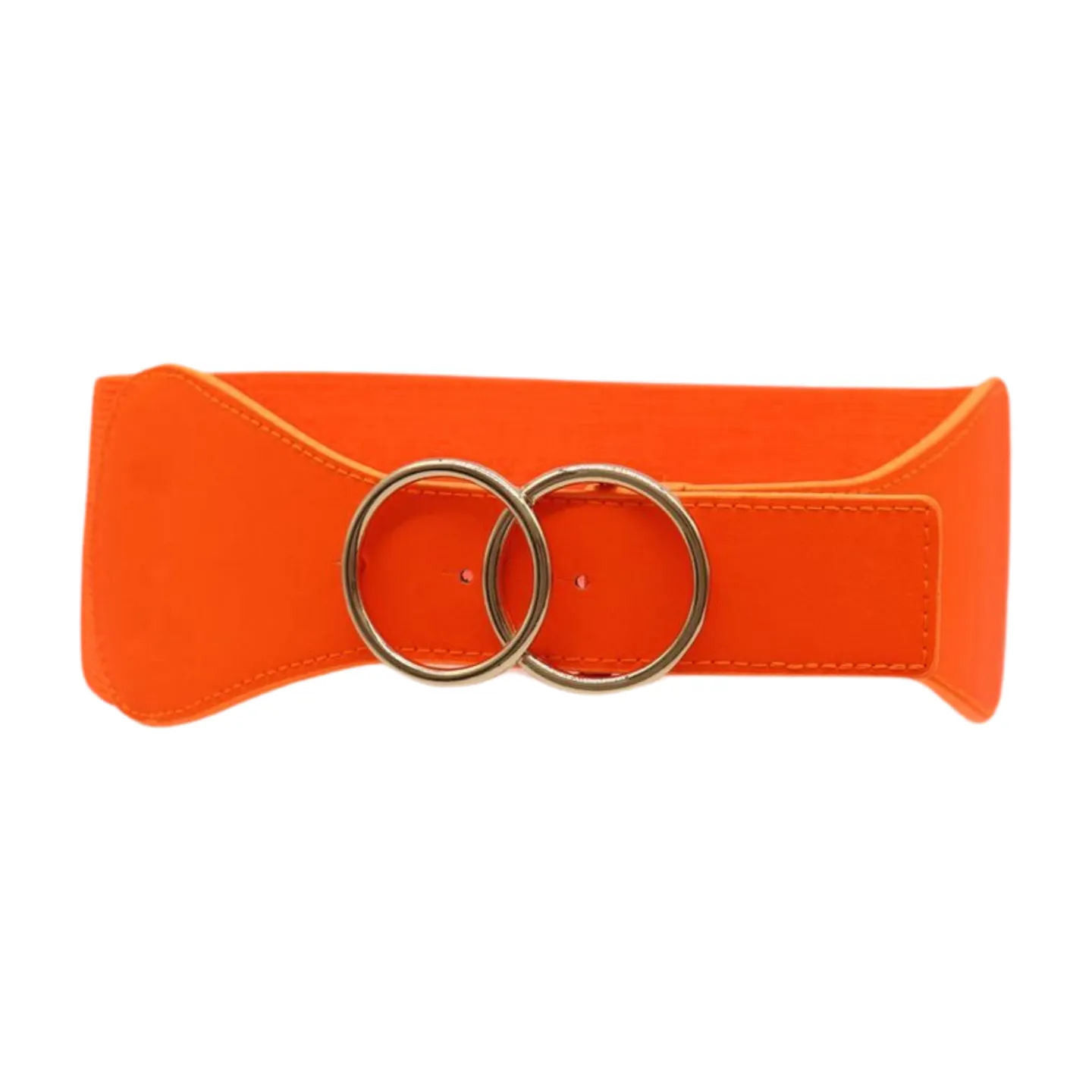 Women Neon Orange Elastic Belt Gold Circle Buckle S M