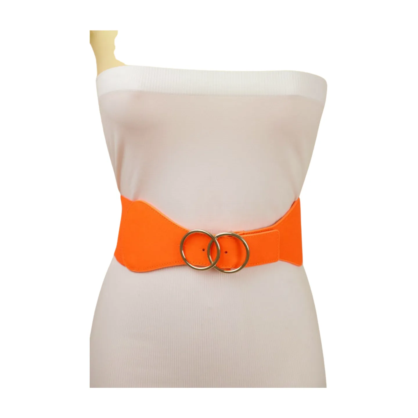 Women Neon Orange Elastic Belt Gold Circle Buckle S M