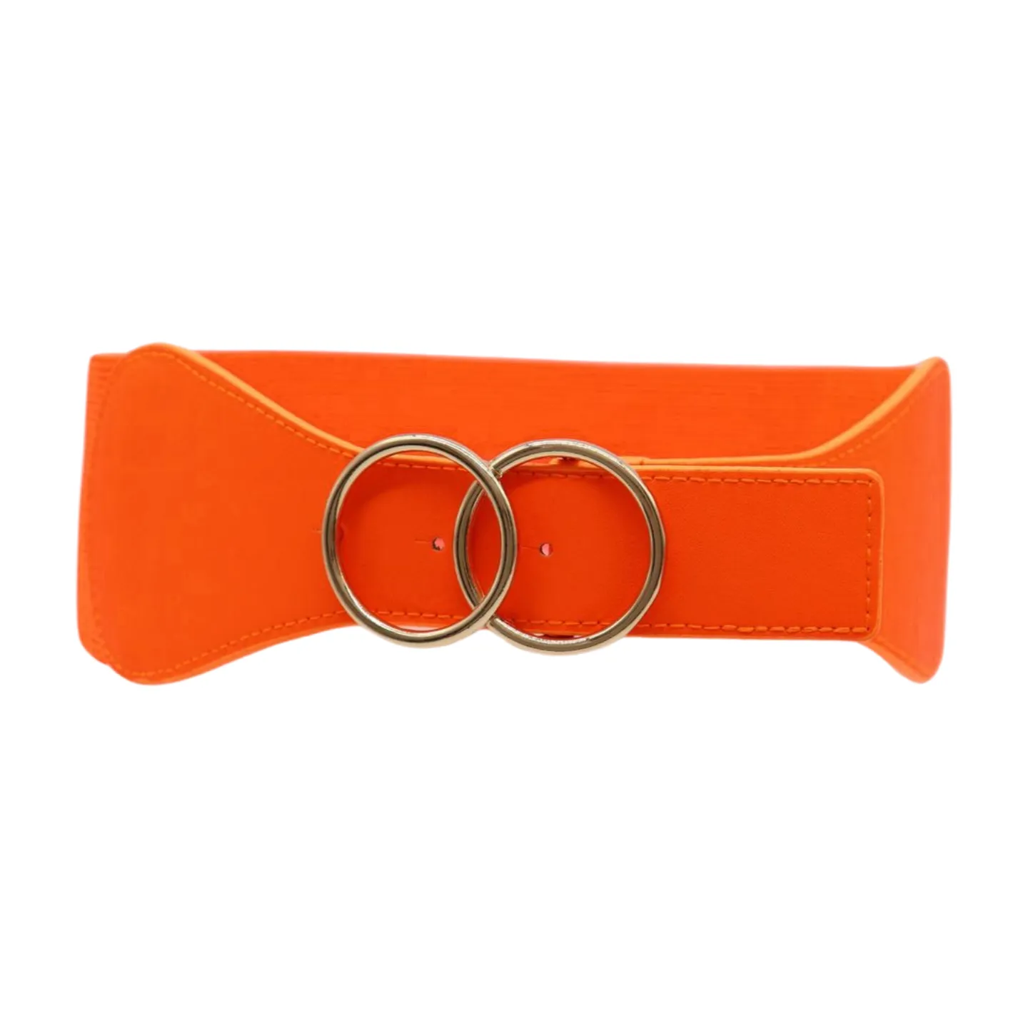 Women Neon Orange Elastic Belt Gold Circle Buckle S M