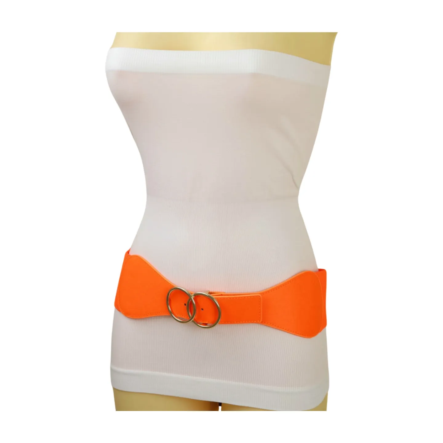 Women Neon Orange Elastic Belt Gold Circle Buckle S M