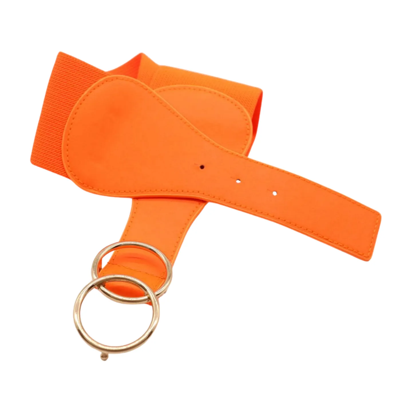 Women Neon Orange Elastic Belt Gold Circle Buckle S M