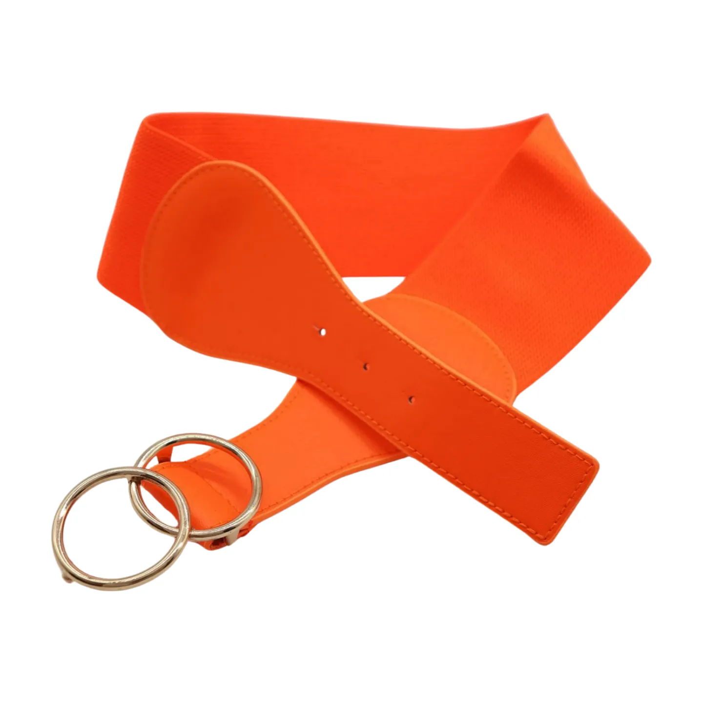 Women Neon Orange Elastic Belt Gold Circle Buckle S M