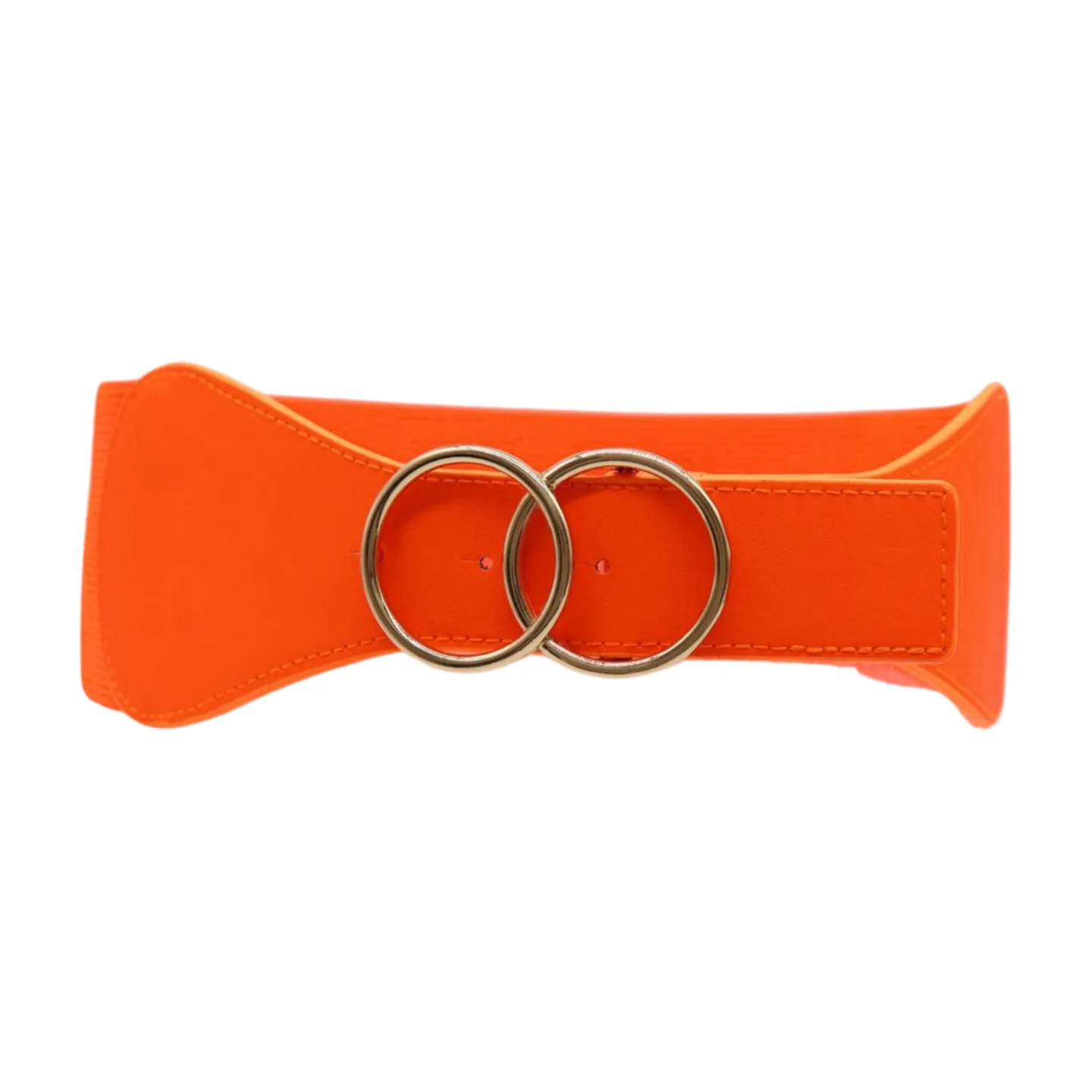 Women Neon Orange Elastic Belt Gold Circle Buckle S M