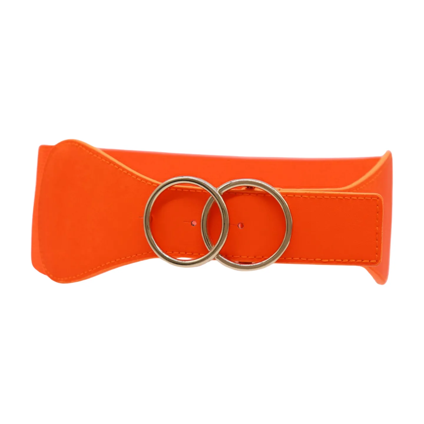 Women Neon Orange Elastic Belt Gold Circle Buckle S M
