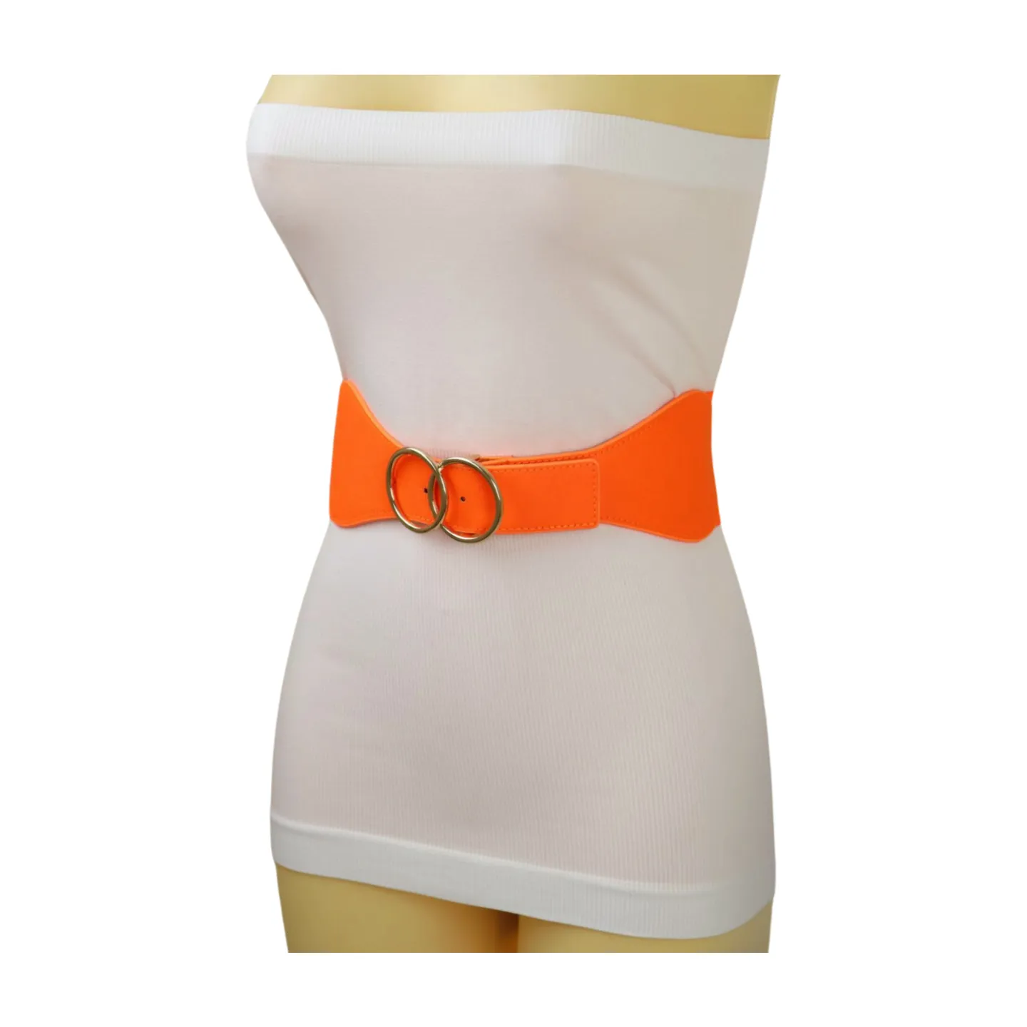 Women Neon Orange Elastic Belt Gold Circle Buckle S M