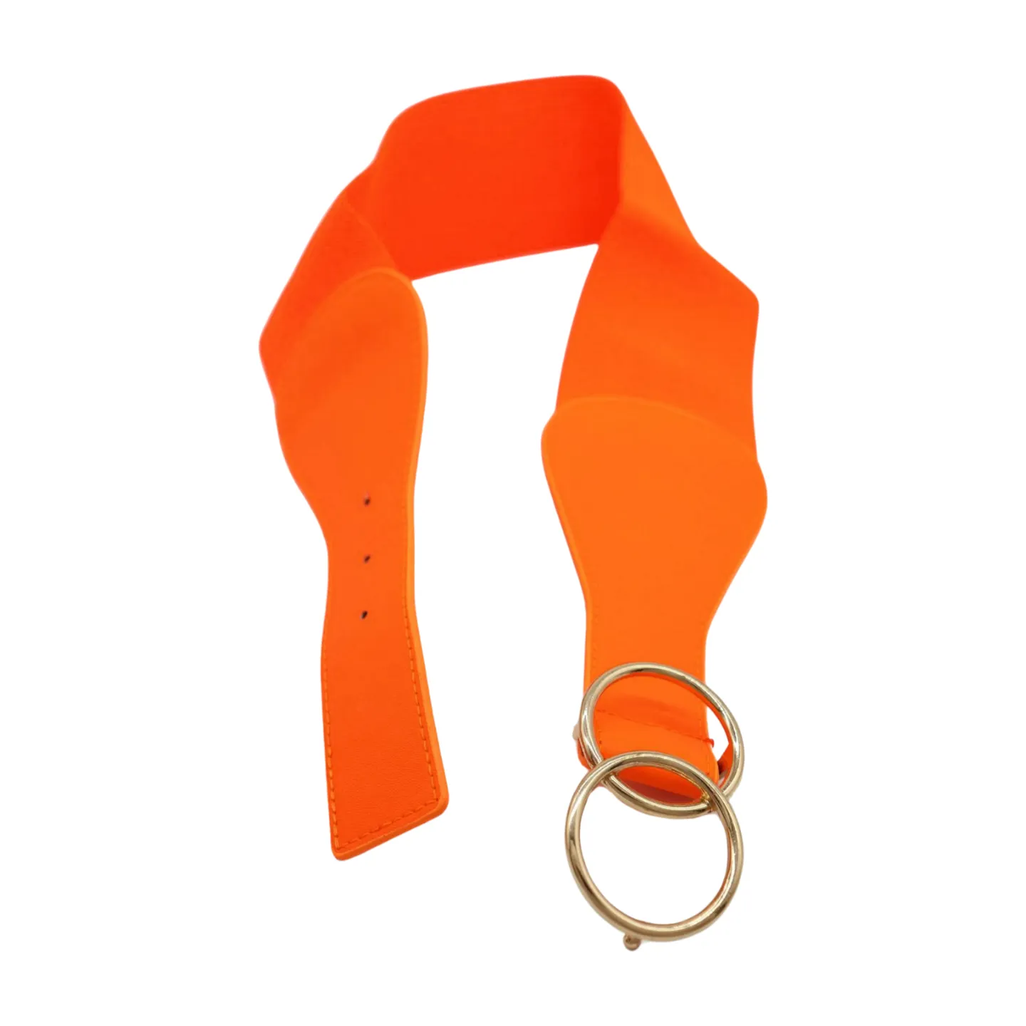Women Neon Orange Elastic Belt Gold Circle Buckle S M