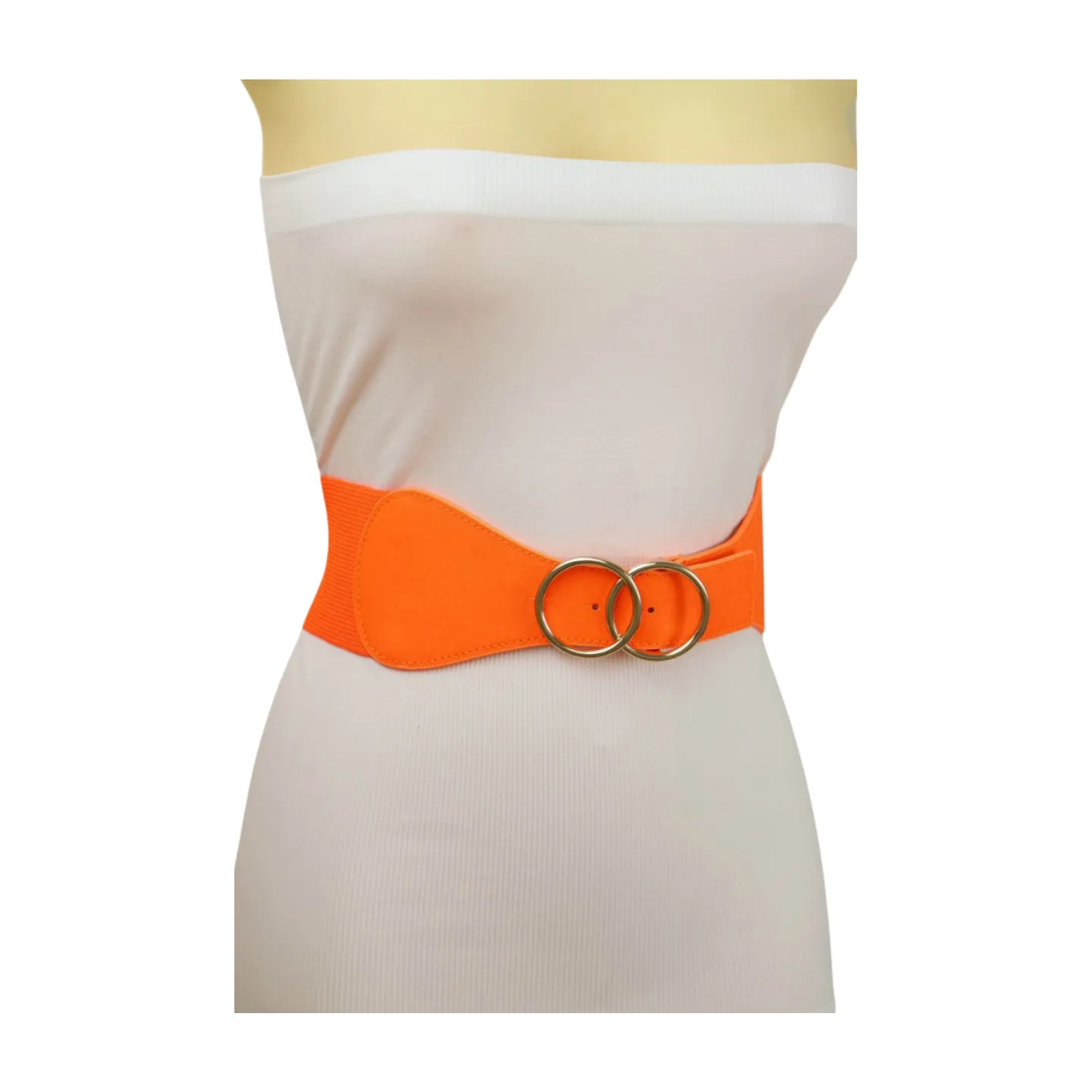 Women Neon Orange Elastic Belt Gold Circle Buckle S M