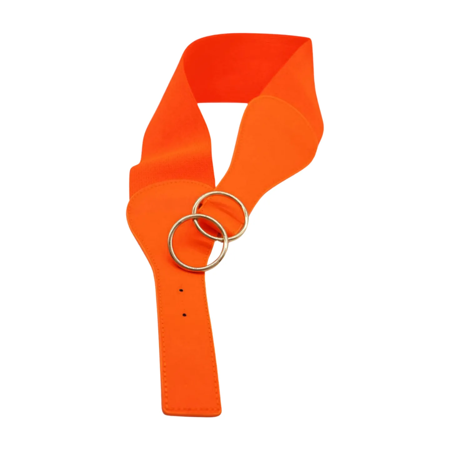 Women Neon Orange Elastic Belt Gold Circle Buckle S M