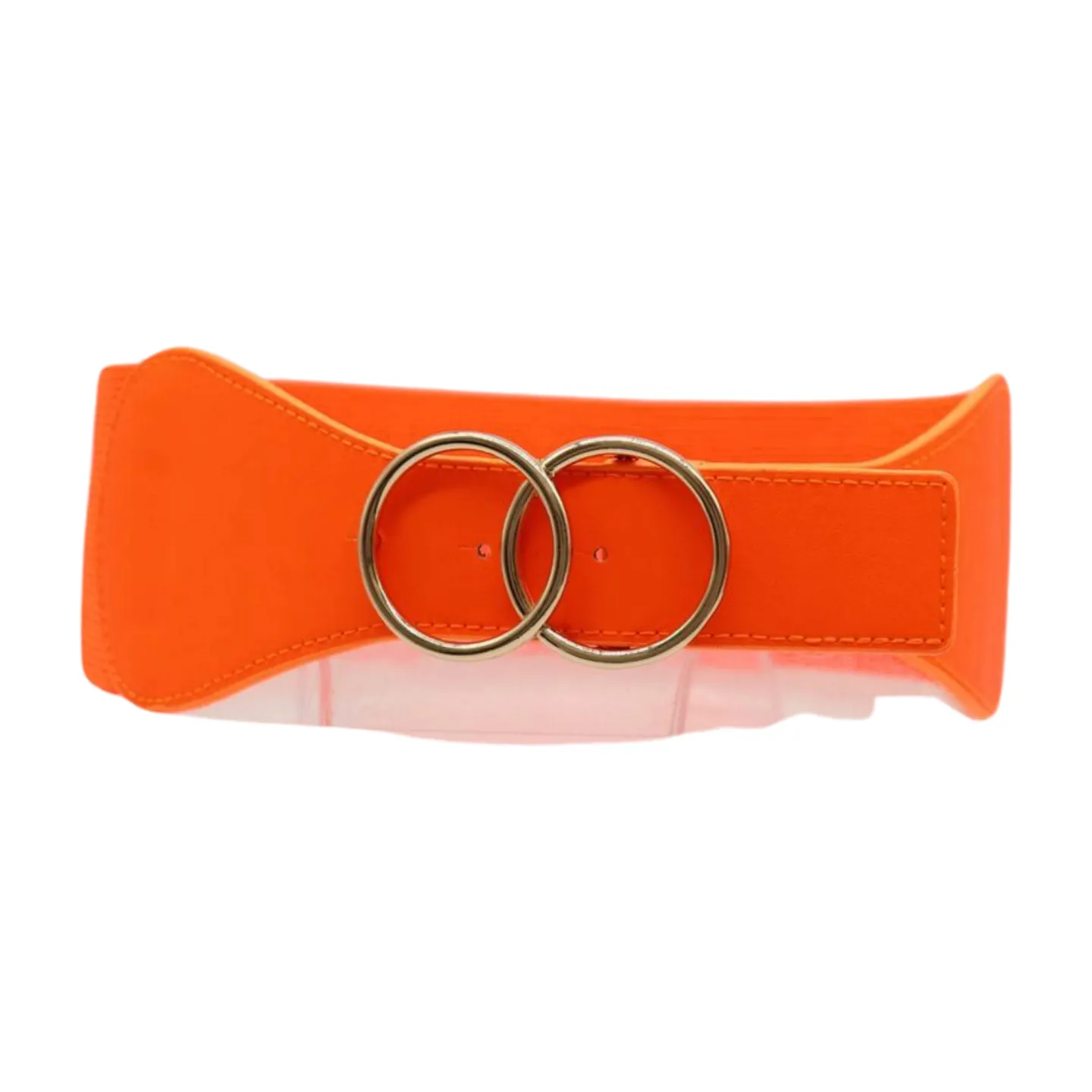 Women Neon Orange Elastic Belt Gold Circle Buckle S M