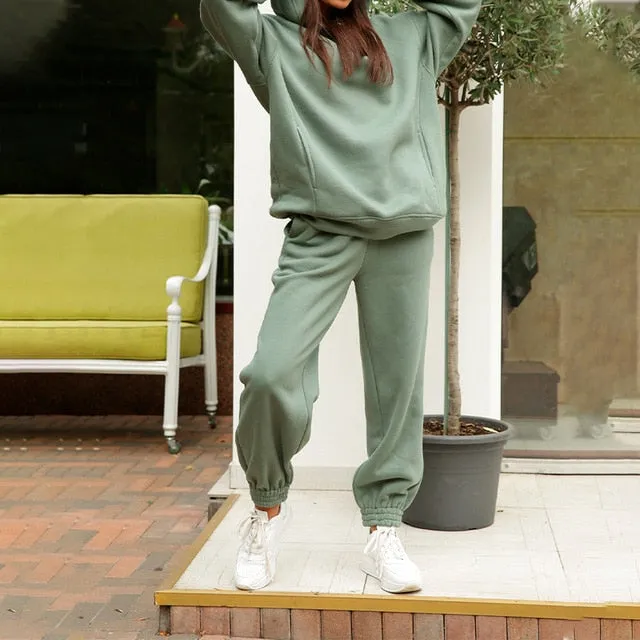 Women Warm Hoodie Sweatshirts Two Piece Sets