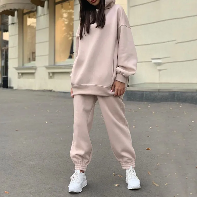 Women Warm Hoodie Sweatshirts Two Piece Sets