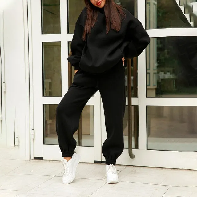 Women Warm Hoodie Sweatshirts Two Piece Sets