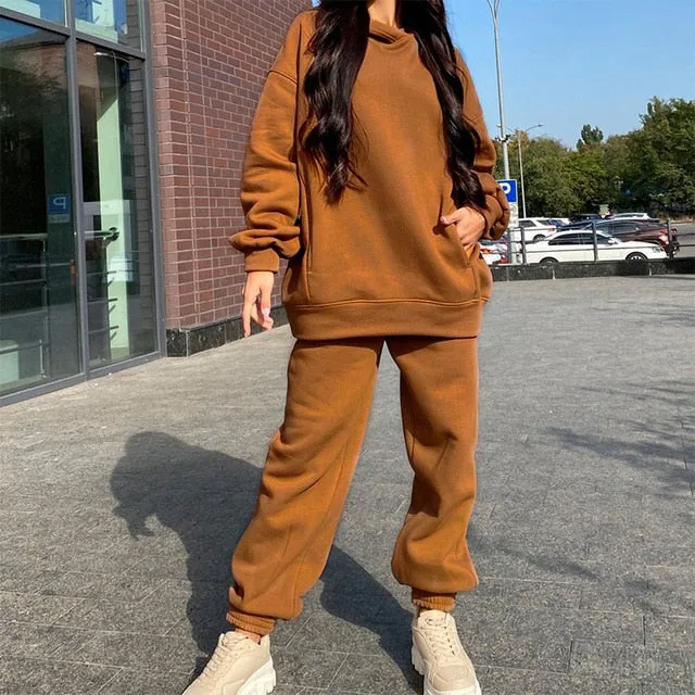 Women Warm Hoodie Sweatshirts Two Piece Sets