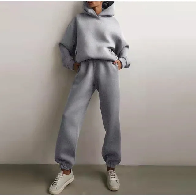 Women Warm Hoodie Sweatshirts Two Piece Sets
