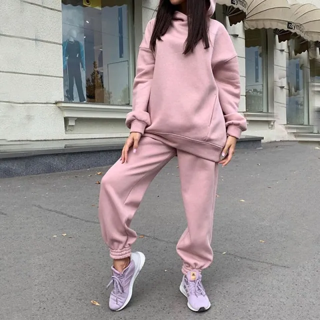 Women Warm Hoodie Sweatshirts Two Piece Sets
