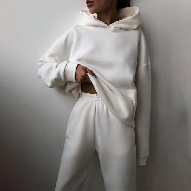 Women Warm Hoodie Sweatshirts Two Piece Sets