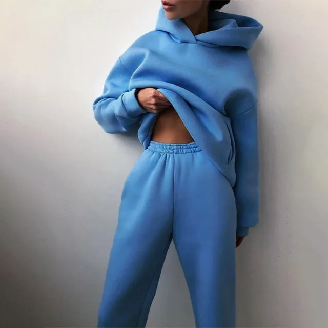 Women Warm Hoodie Sweatshirts Two Piece Sets