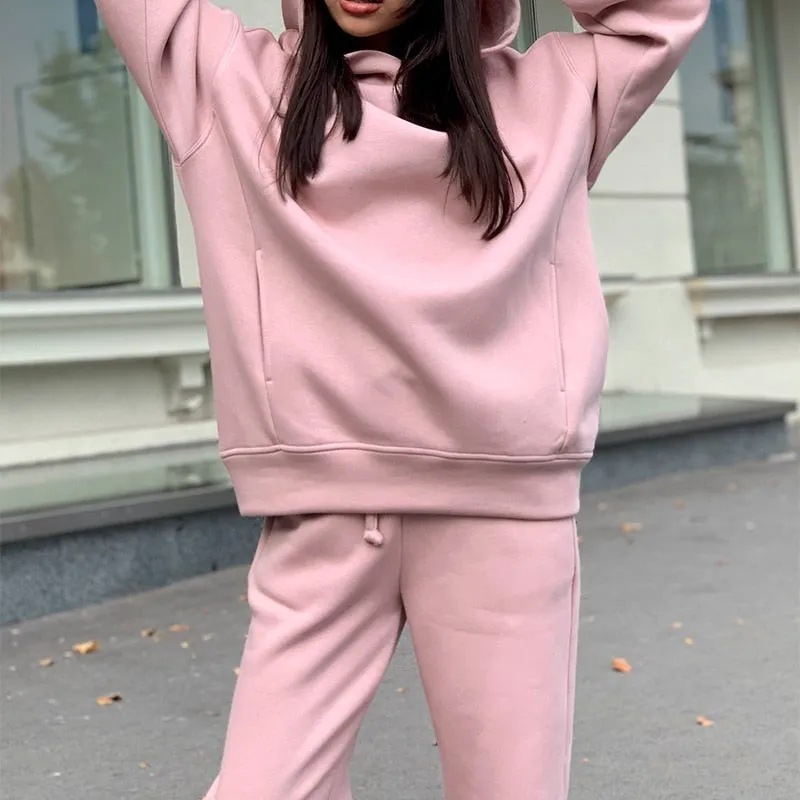 Women Warm Hoodie Sweatshirts Two Piece Sets