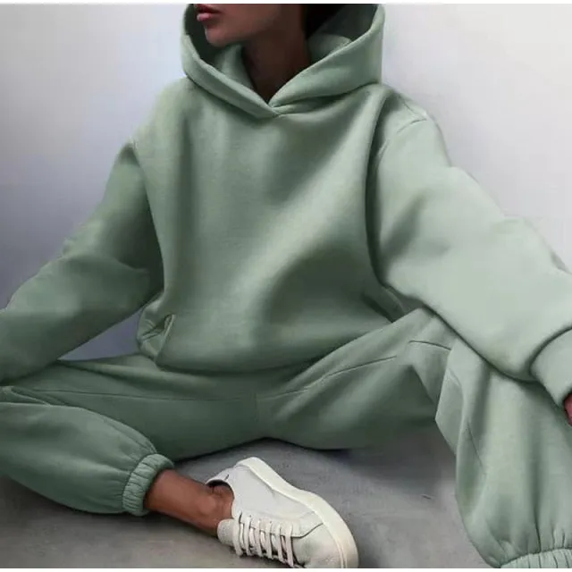 Women Warm Hoodie Sweatshirts Two Piece Sets