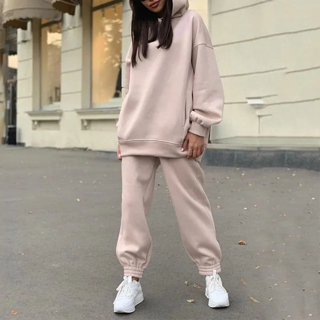 Women Warm Hoodie Sweatshirts Two Piece Sets