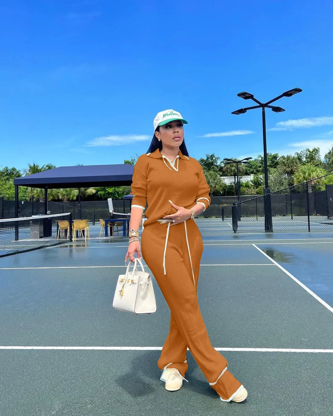 Women's Knit Two Piece Set - Casual Lapel Pullover Top & Wide Leg Pants