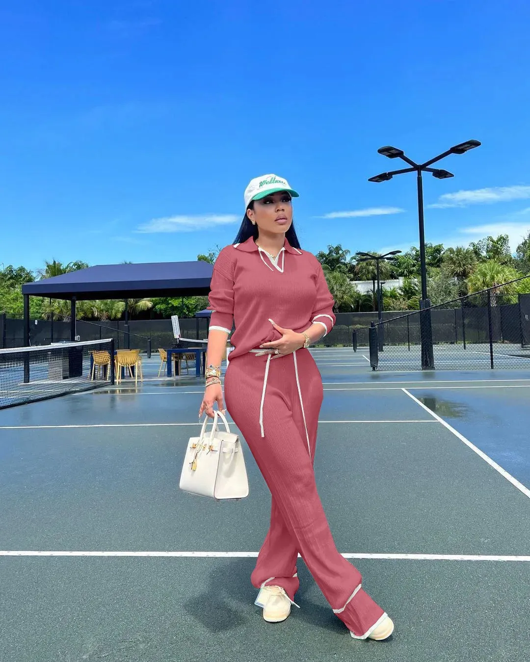 Women's Knit Two Piece Set - Casual Lapel Pullover Top & Wide Leg Pants