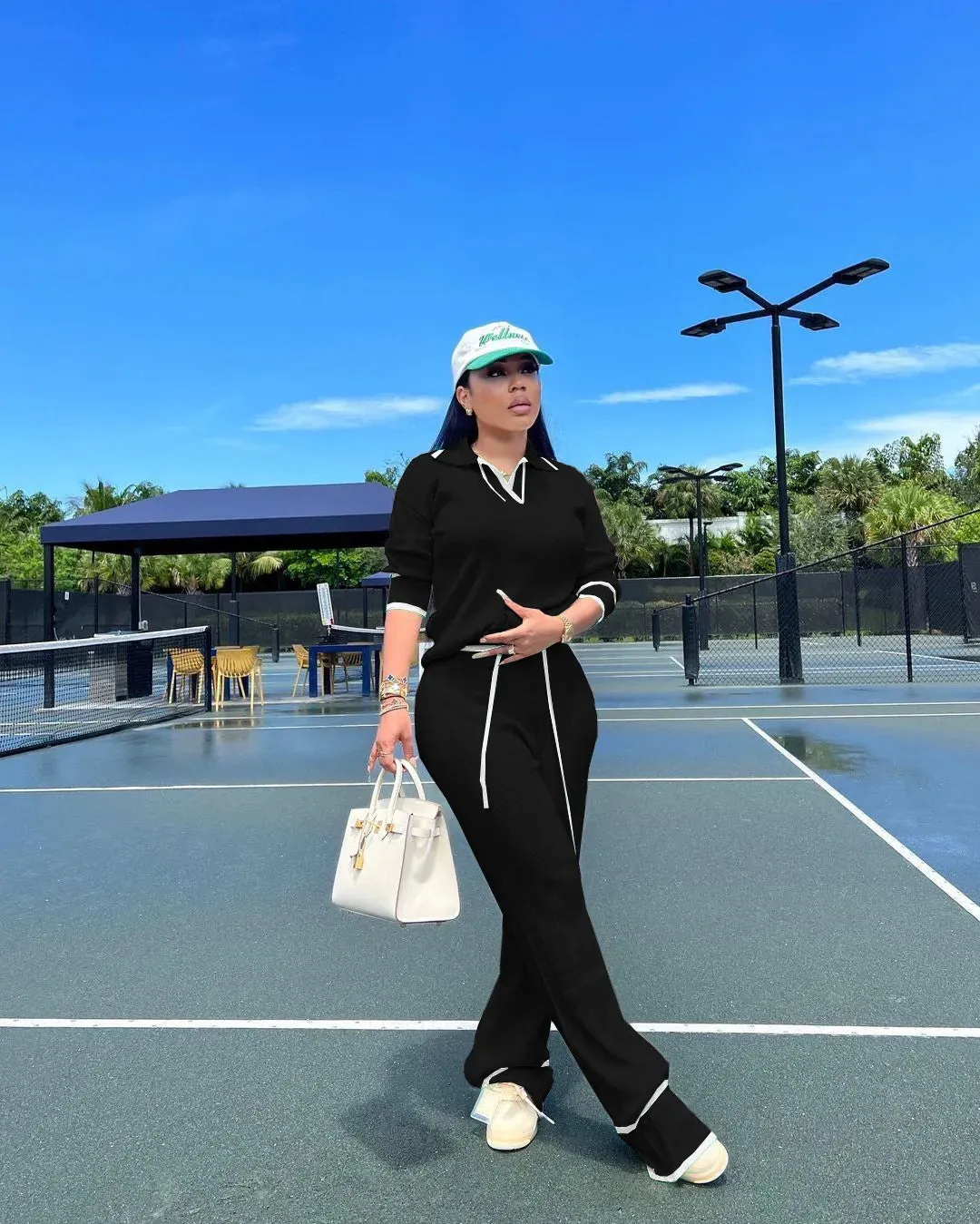 Women's Knit Two Piece Set - Casual Lapel Pullover Top & Wide Leg Pants
