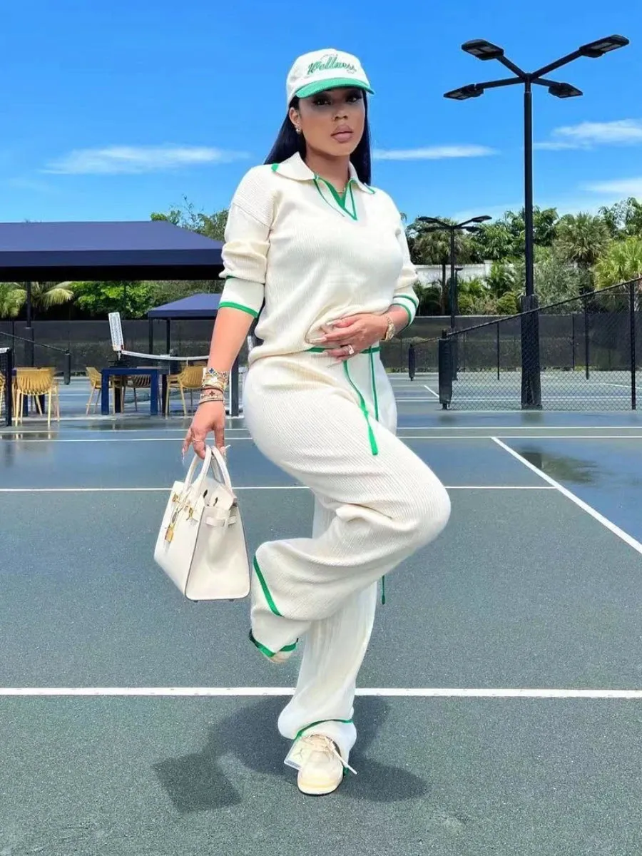 Women's Knit Two Piece Set - Casual Lapel Pullover Top & Wide Leg Pants
