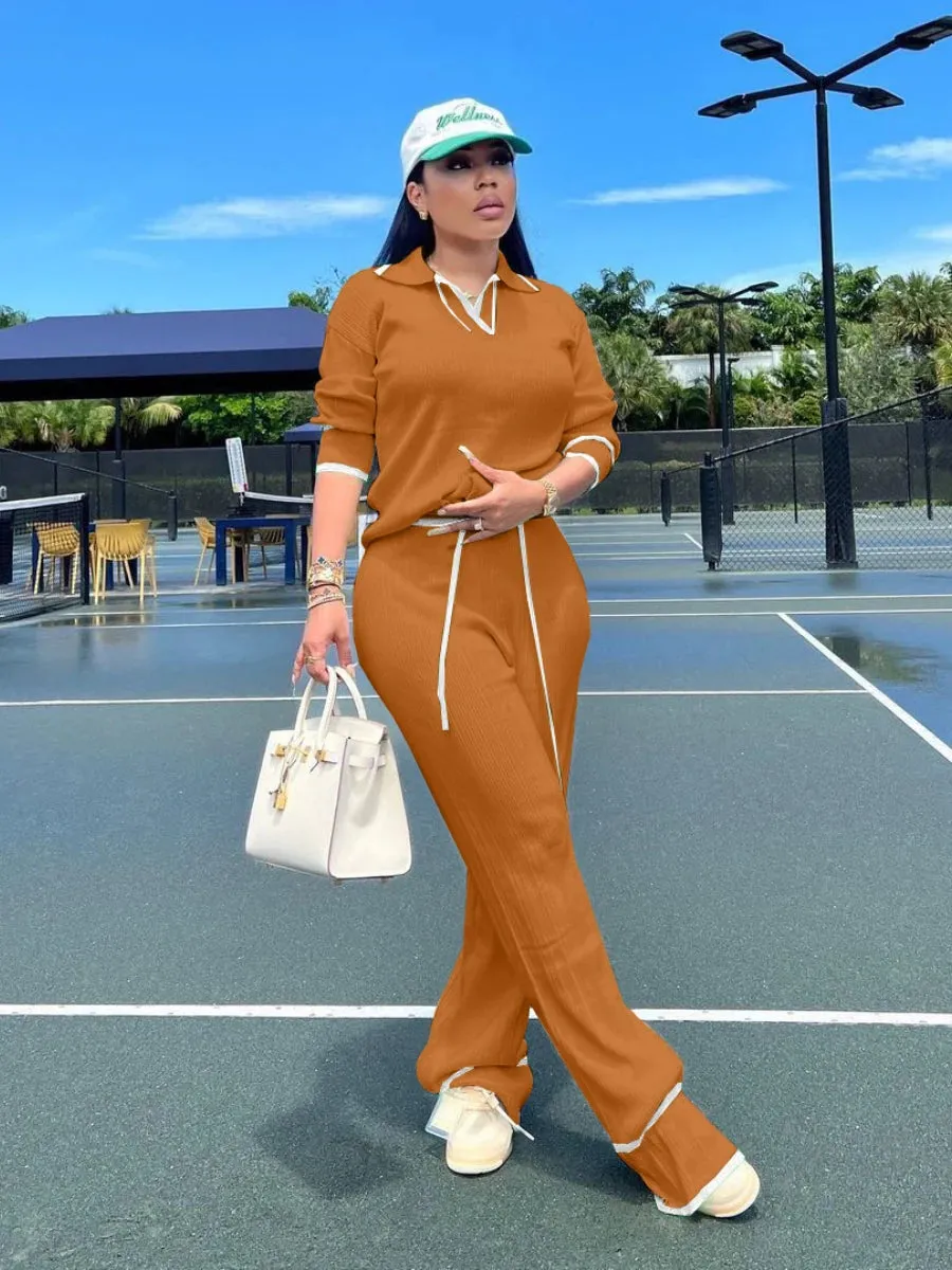 Women's Knit Two Piece Set - Casual Lapel Pullover Top & Wide Leg Pants