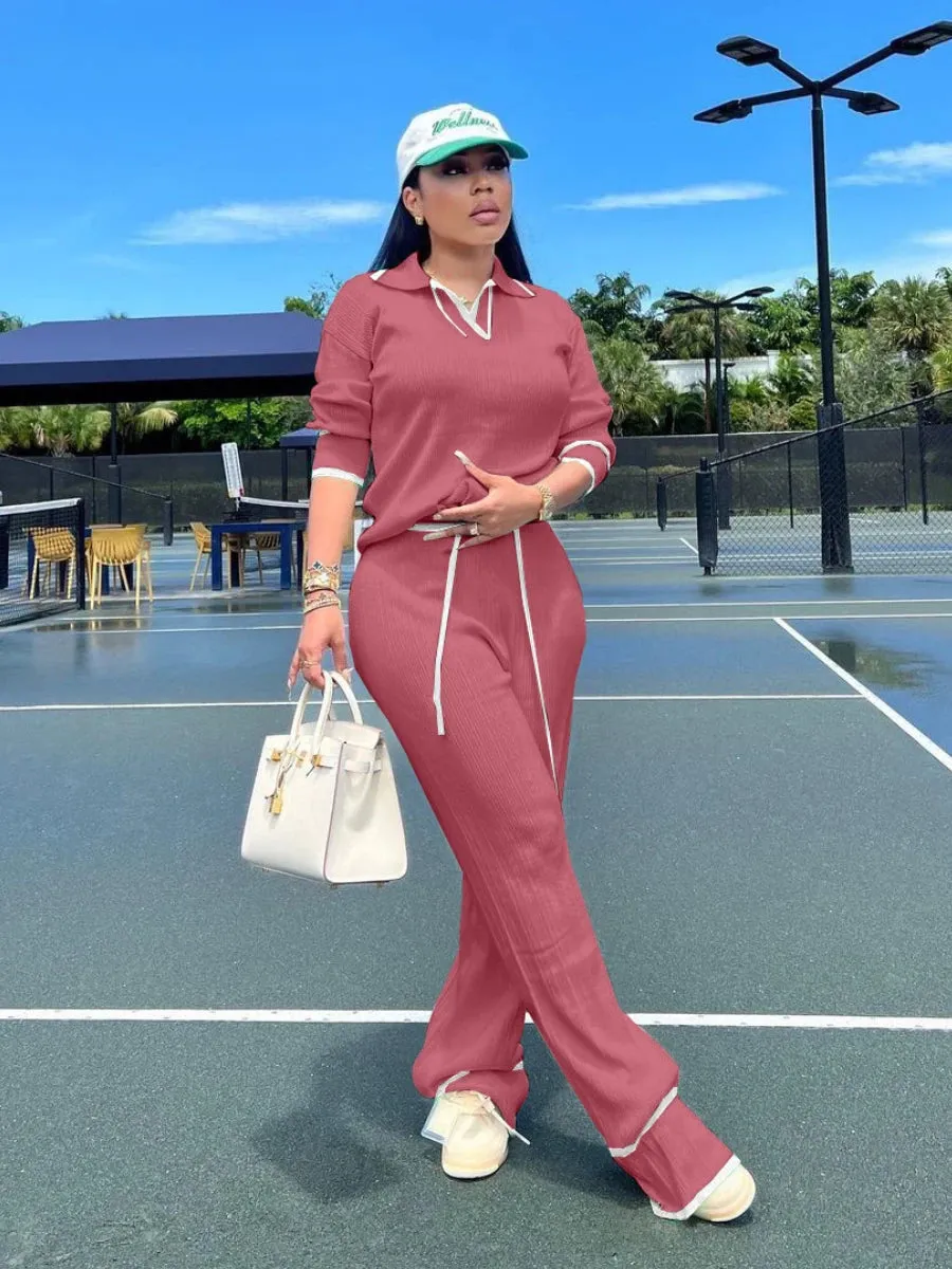 Women's Knit Two Piece Set - Casual Lapel Pullover Top & Wide Leg Pants