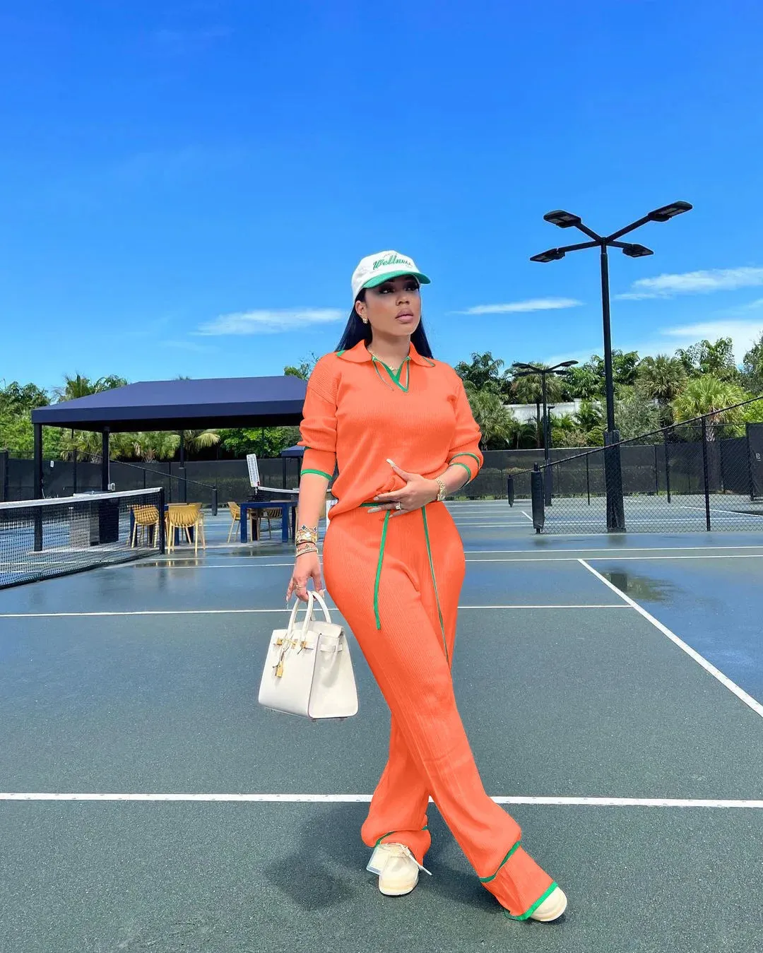 Women's Knit Two Piece Set - Casual Lapel Pullover Top & Wide Leg Pants