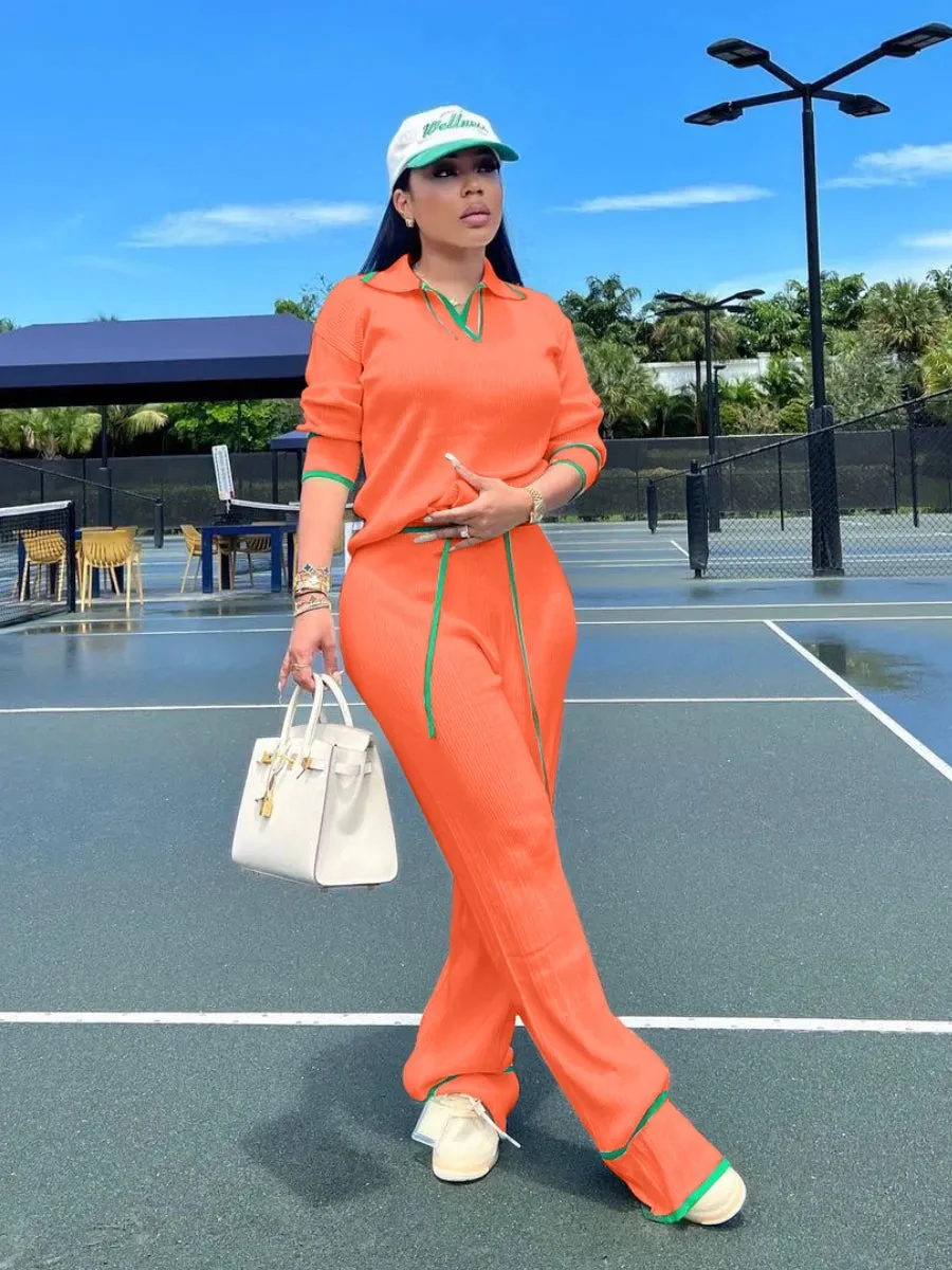Women's Knit Two Piece Set - Casual Lapel Pullover Top & Wide Leg Pants