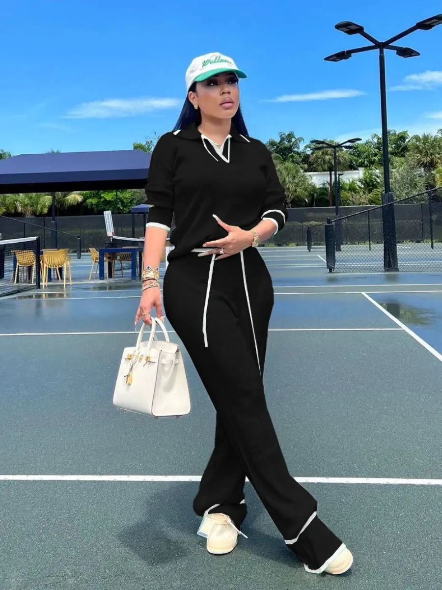 Women's Knit Two Piece Set - Casual Lapel Pullover Top & Wide Leg Pants