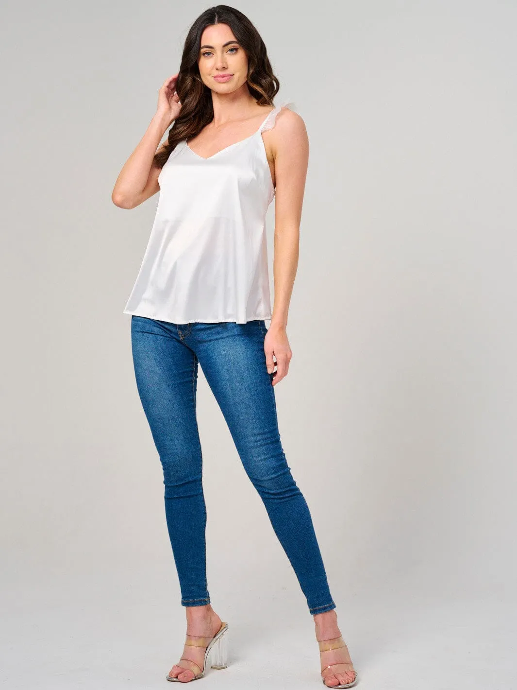 WOMEN'S SLEEVELESS V-NECK SATIN TANK TOP