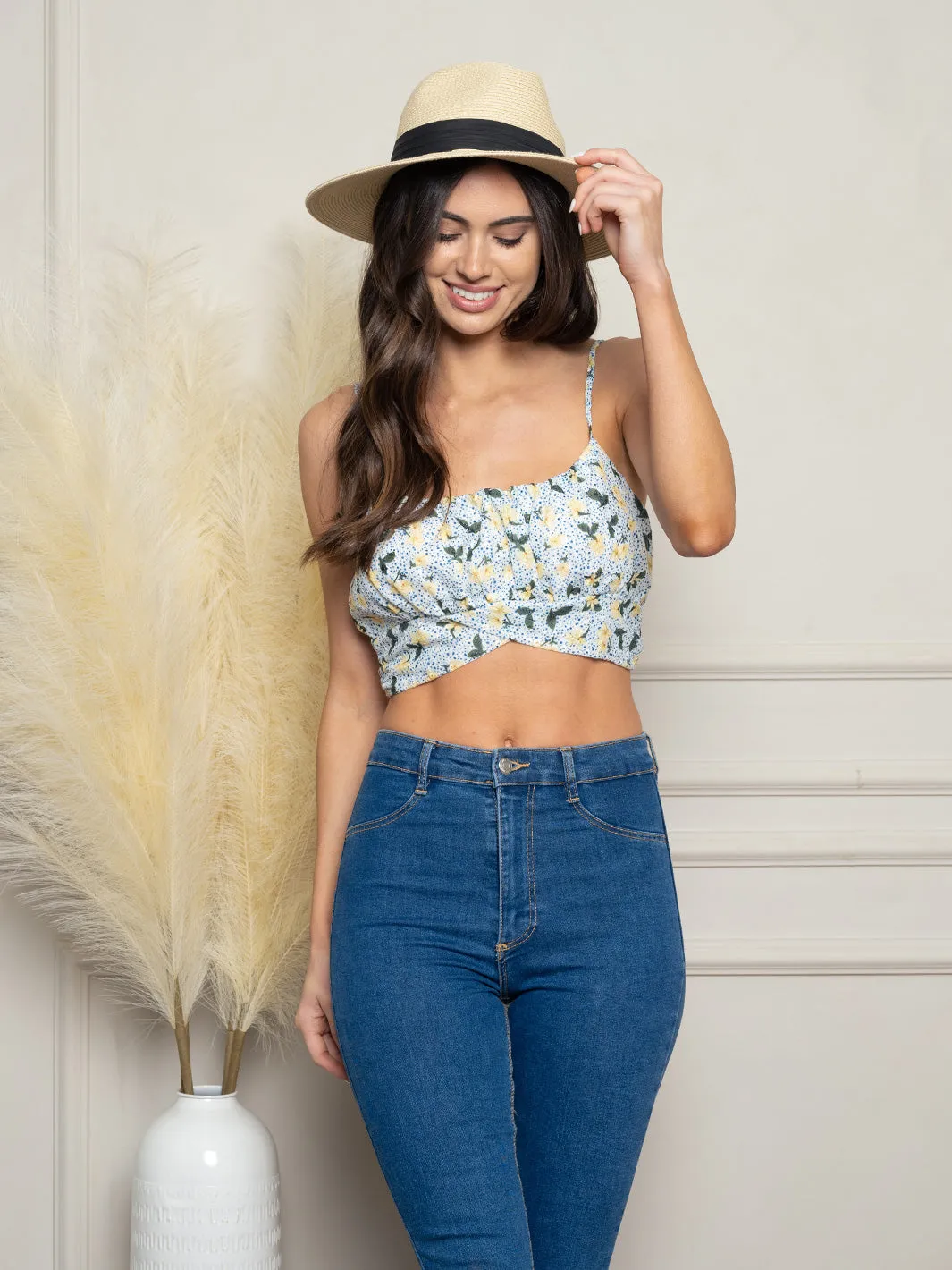 WOMEN'S SMOCKED BACK FLORAL CROP TOP