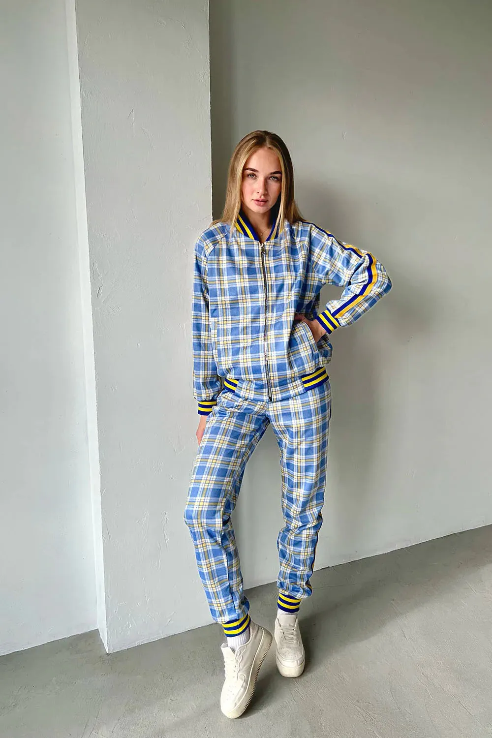 Women's Yellow-Blue Checkered Colin Farrell Coach Tracksuit