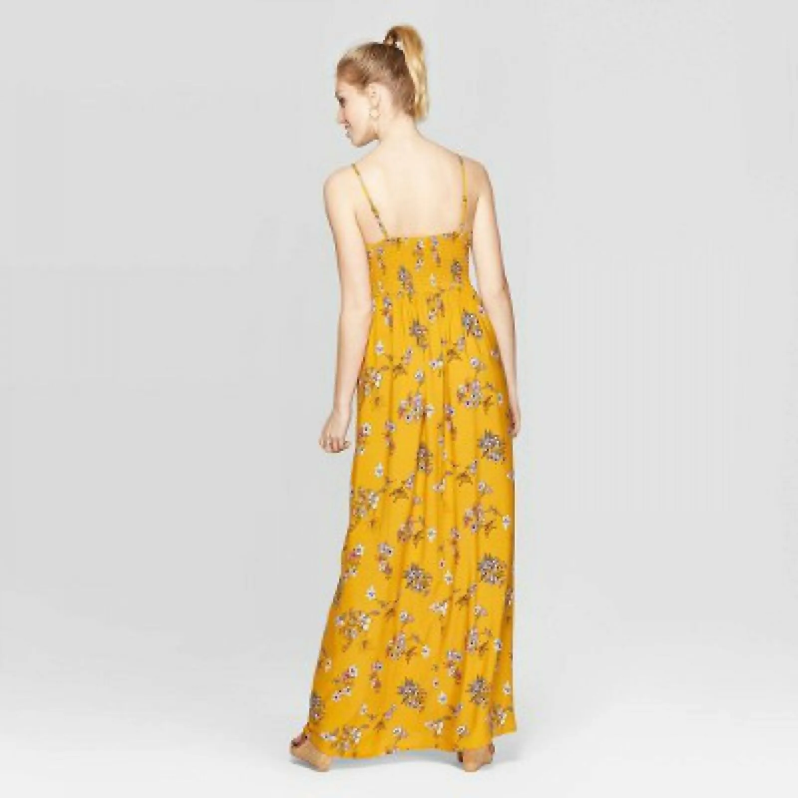 Xhilaration Women's Floral Print Sleeveless Strappy Ruffle Trim Maxi Dress